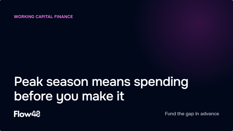 Flow48 graphic reading "Peak season means spending before you make it" under a Working Capital Finance label